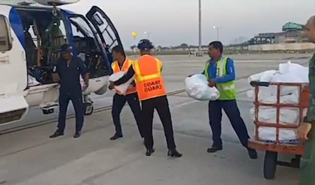 Helicopters loaded with relief material for victims of flood in southern India