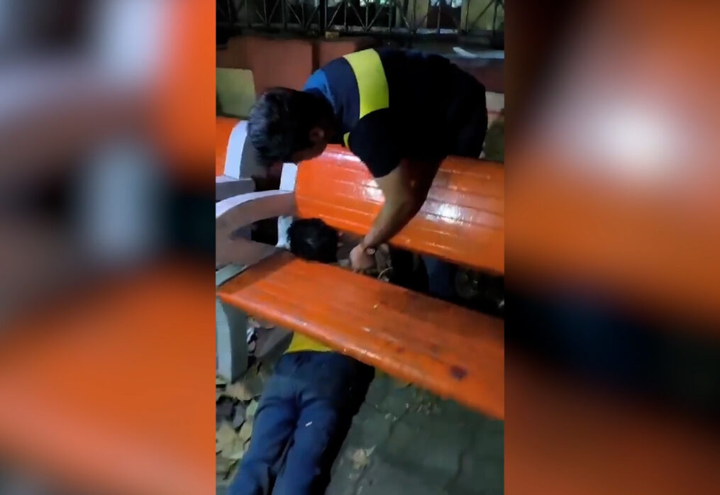 Drunk Man’s neck gets stuck in park bench in northern India, rescued